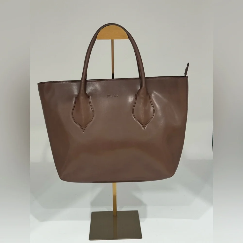 Furla Brown Leather Zip-Top Tote Satchel Handbag Made in Italy 14” Work Tote GUC - Picture 3 of 13